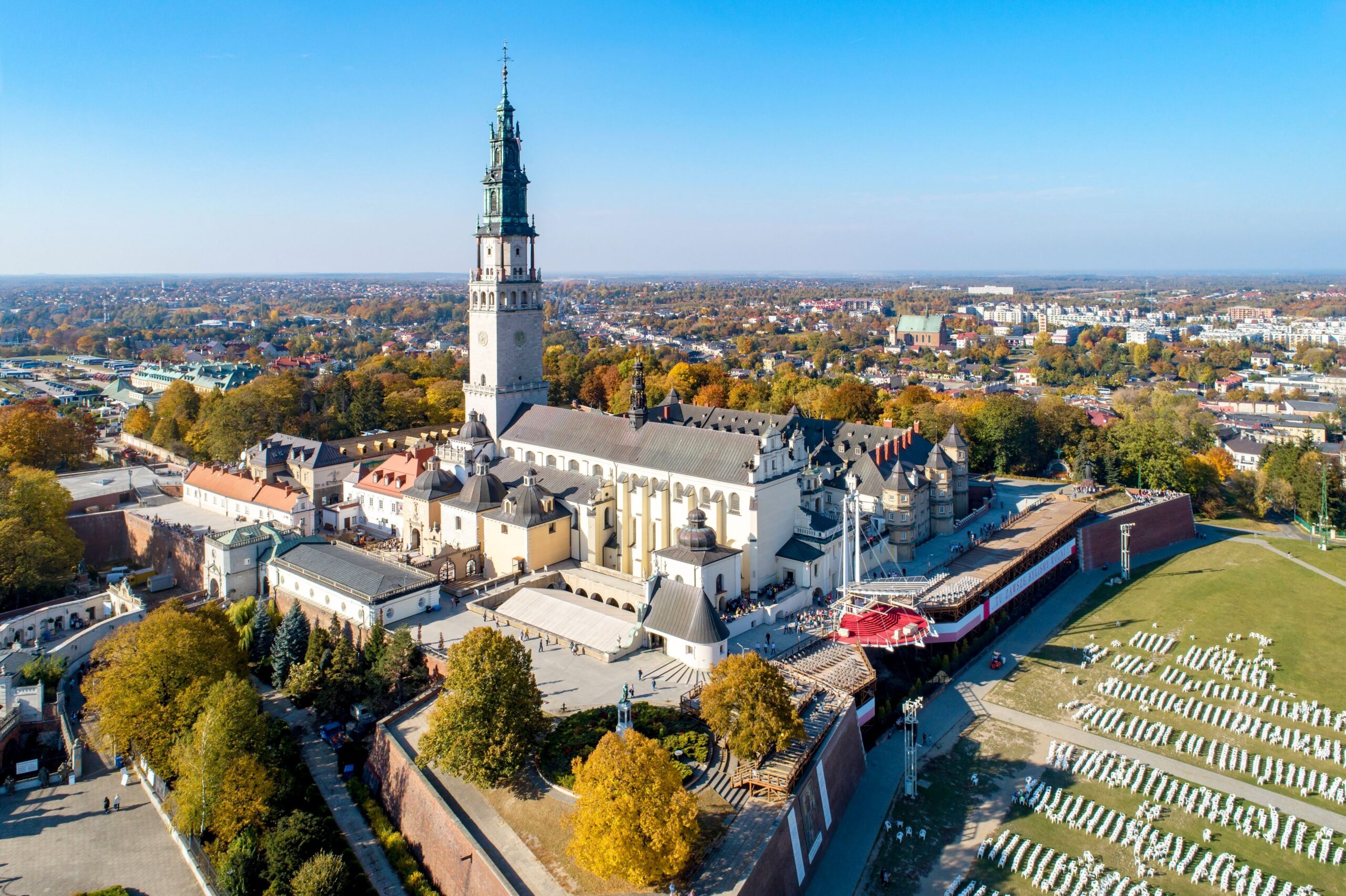 Poland, Czstochowa. Jasna Góra fortified monastery and church on the hill. Famous historic place and Polish Catholic pilgrimage site with Black Madonna miraculous icon. Aerial view in fall